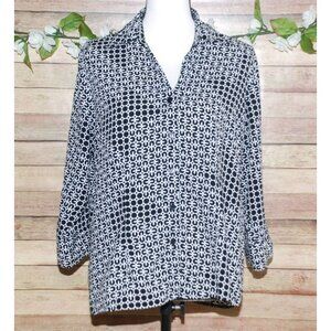 Joanna Black & White Patterned Button Up Blouse Size L 3/4 Sleeve V-Neck Collar